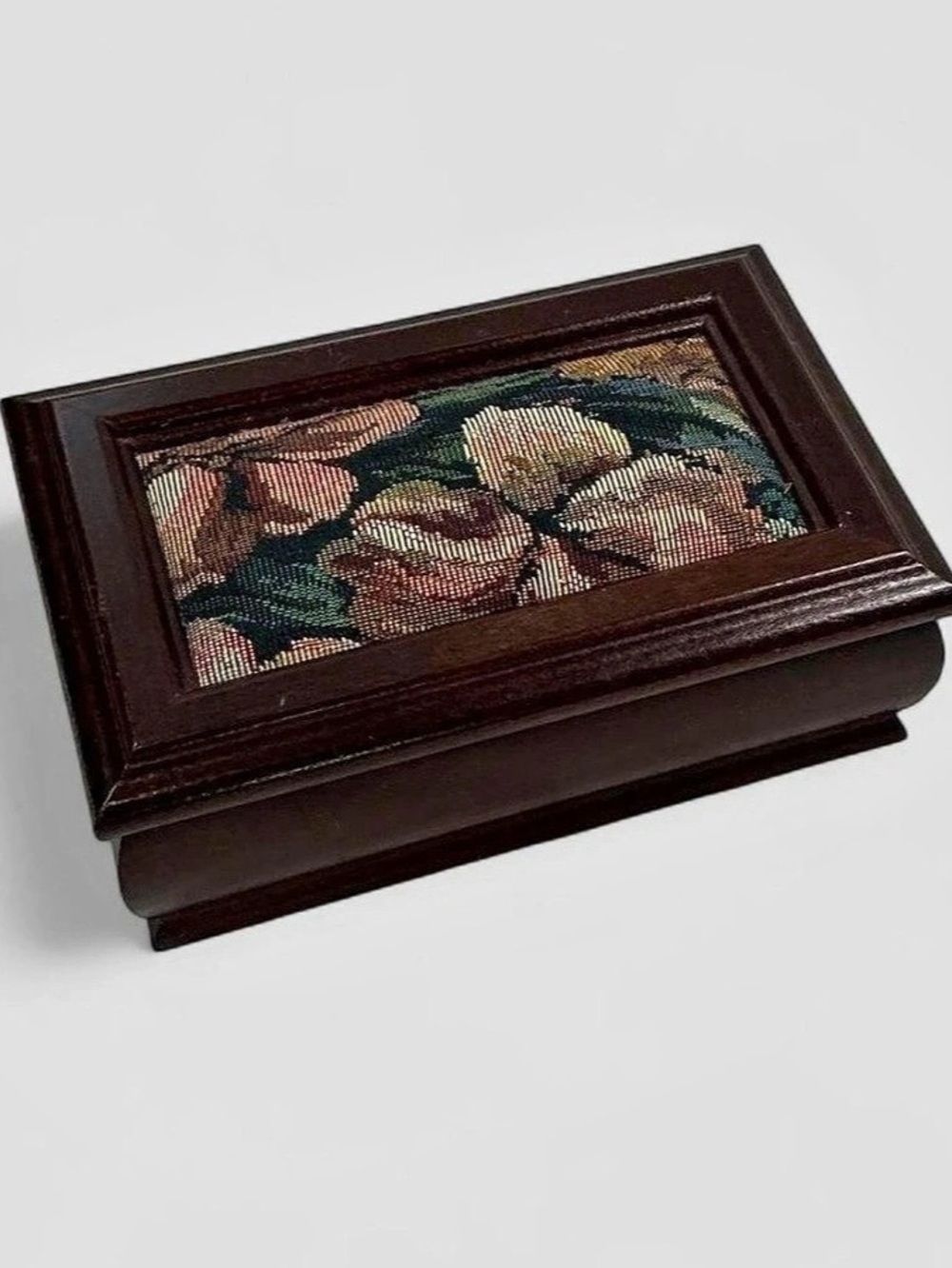 Vintage Tapestry Wooden Trinket Box Grandmacore Cottagecore Floral Jewelry Case